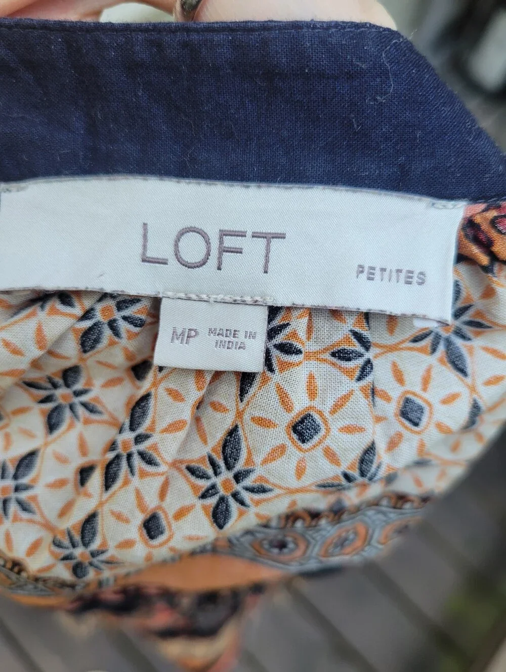 LOFT Navy Blue, Orange & Cream Patterned Peasant Blouse
